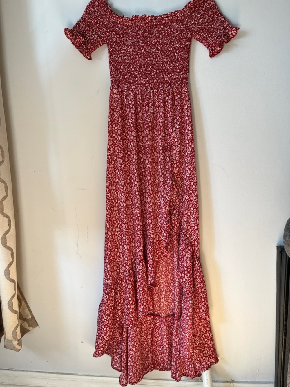 Milkmaid Red and White Floral Smocked Neckline Romantic Peasant Dress
